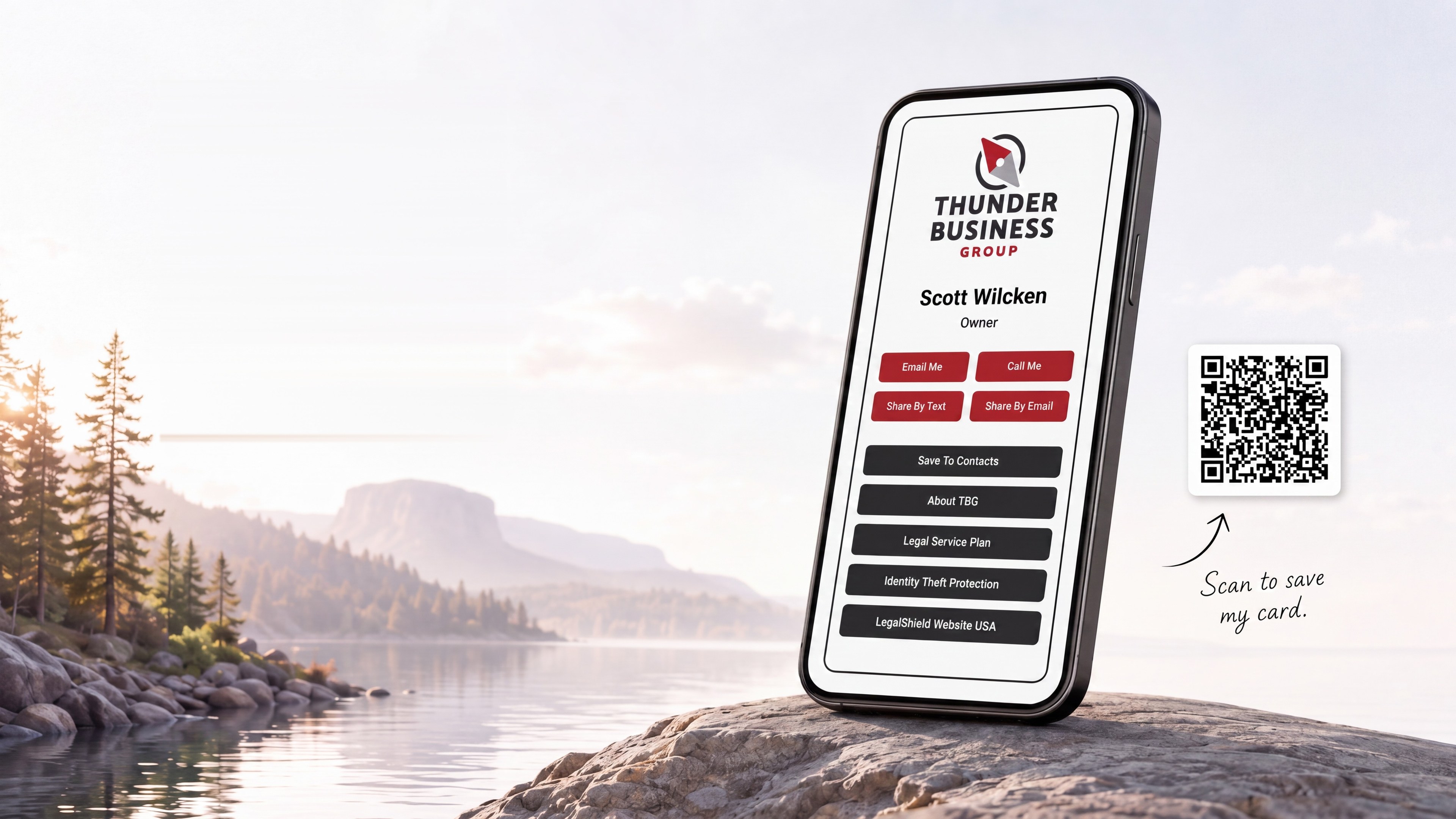 Scott Wilcken's Thunder Business Group digital business card with a QR code
