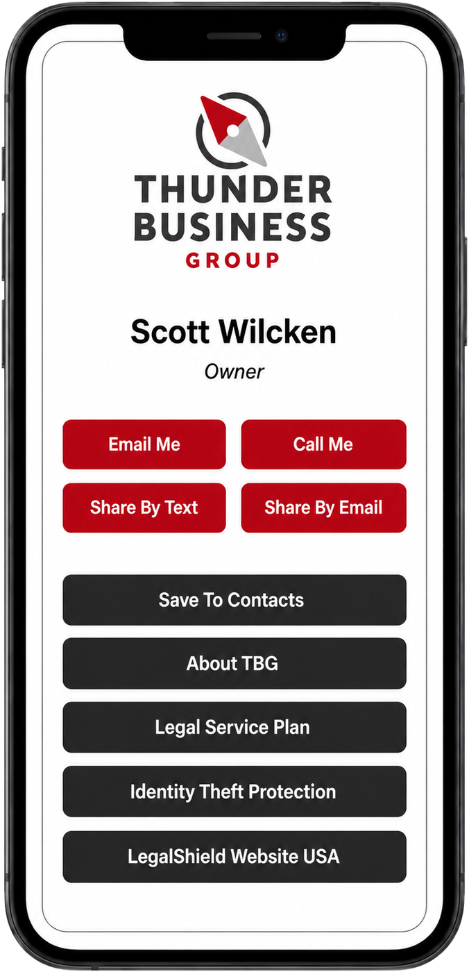Scott Wilcken's Digital Smart Card shown on a phone: Email Me, Call Me, Share By Text, Share By Email, Save To Contacts, About TBG, Legal Service Plan, Identity Theft Protection and LegalShield Website USA